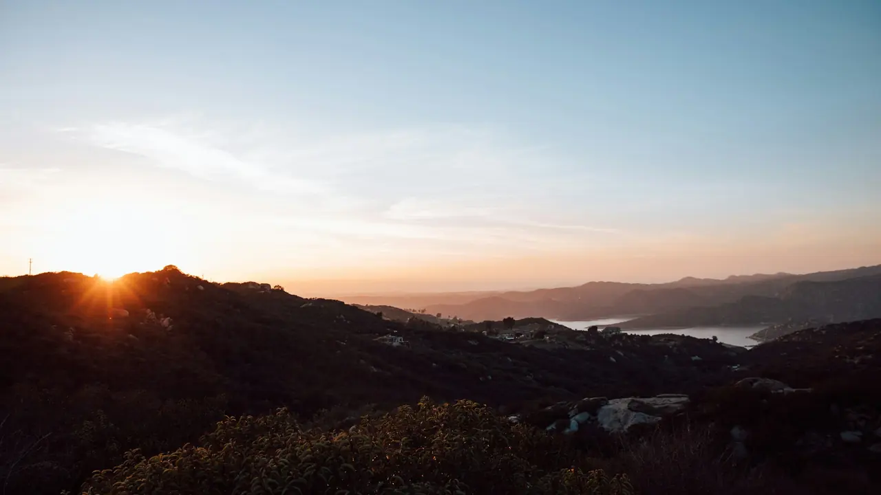 San Diego County hills and water at sunset